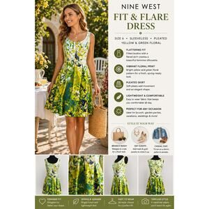 Nine West Fit Flare Dress SZ6 Yellow Green Floral Pleated Spring Wedding Guest